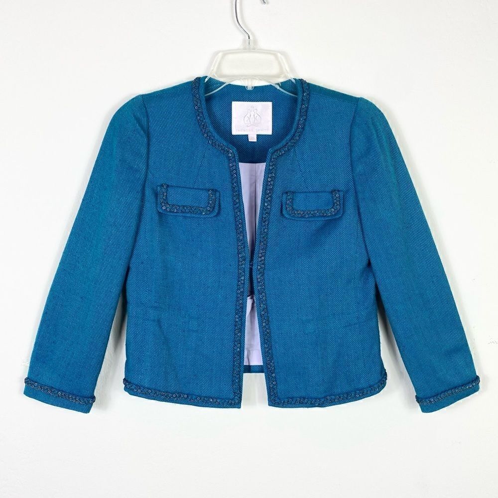 Rebecca Taylor Teal Silk Blend Tweed Chain Accent Blazer Jacket